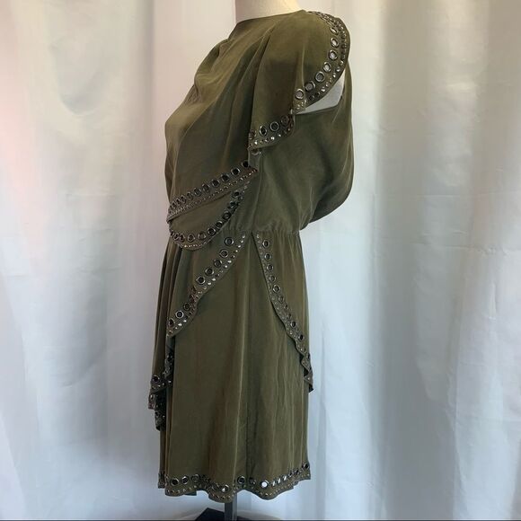 HAUTE Hippie Military green grommets silk dress Sz XS - Picture 3 of 14
